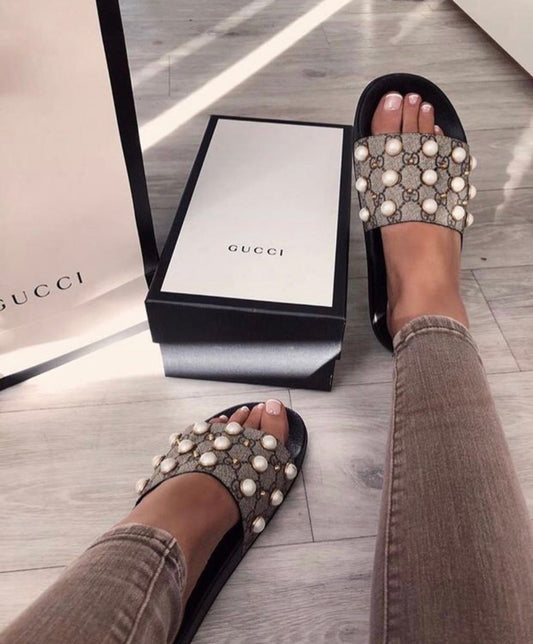 GG Pearl Studded Slides